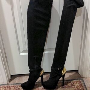 ShoeDazzle Black and Gold Over-the-Knee Suede Wide Calf Boots